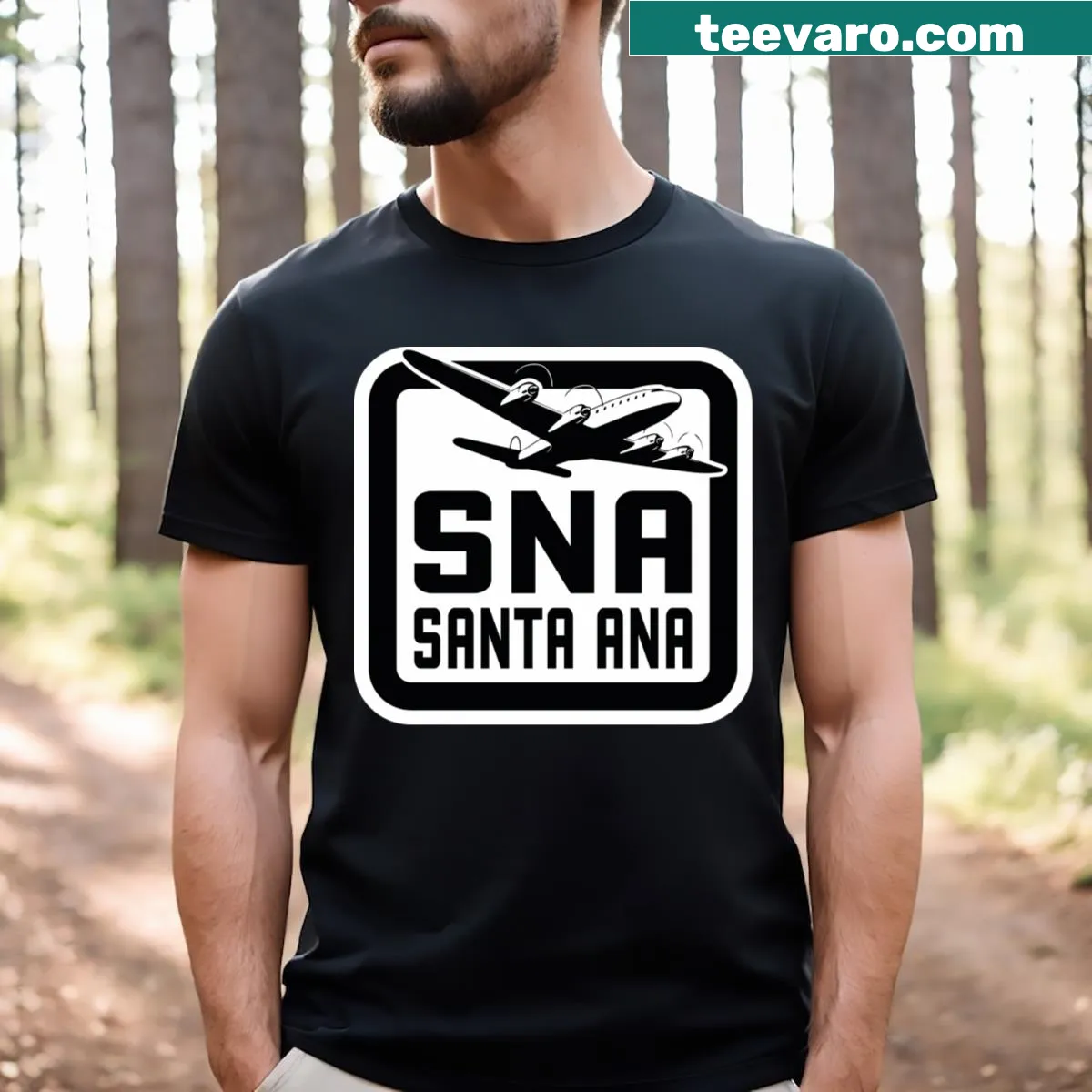 Black Santa Ana airport tag t-shirt with SNA code — on a men's t-shirt