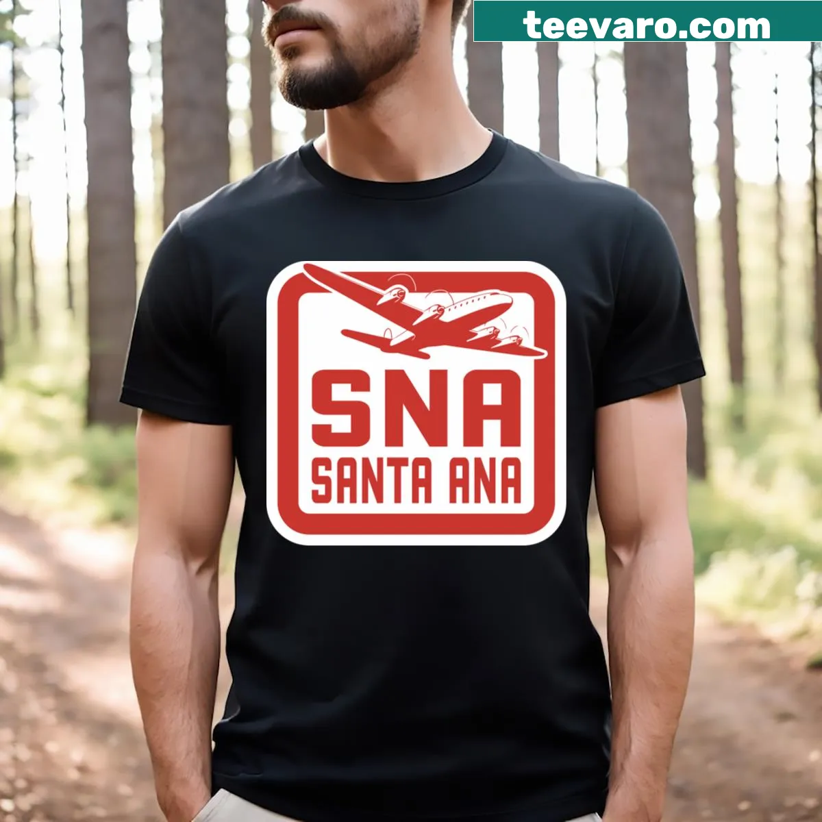 T-shirt with Santa Ana airport tag design in red — on a men's t-shirt