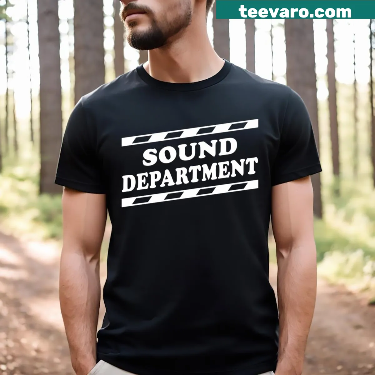 Clapperboard graphic T-shirt celebrating film sound department — on a men's t-shirt