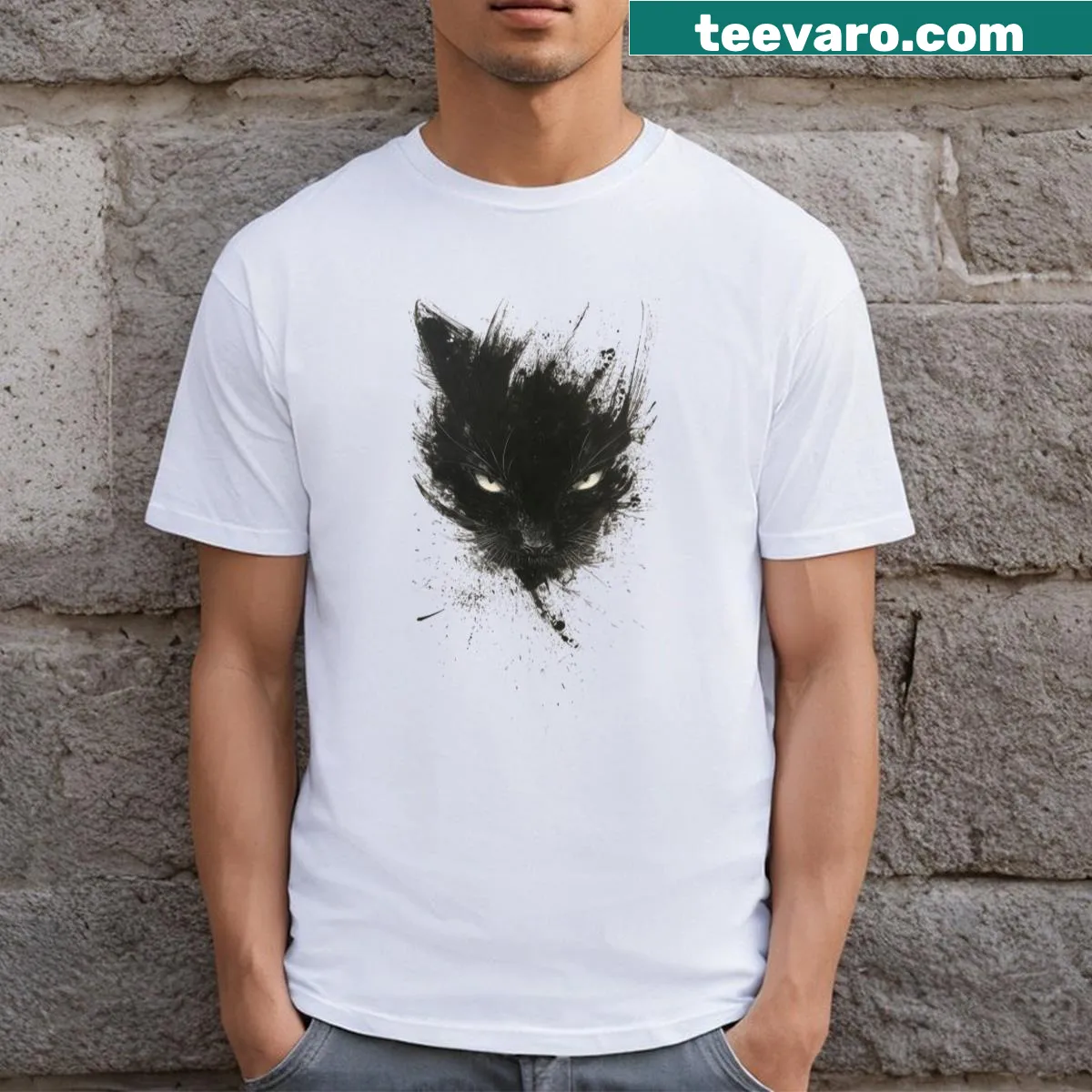 Artistic T-shirt with playful splash ink black cat design — on a men's t-shirt