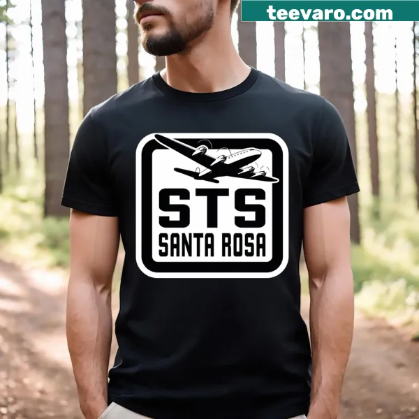 Black T-shirt with a Santa Rosa California airport tag design