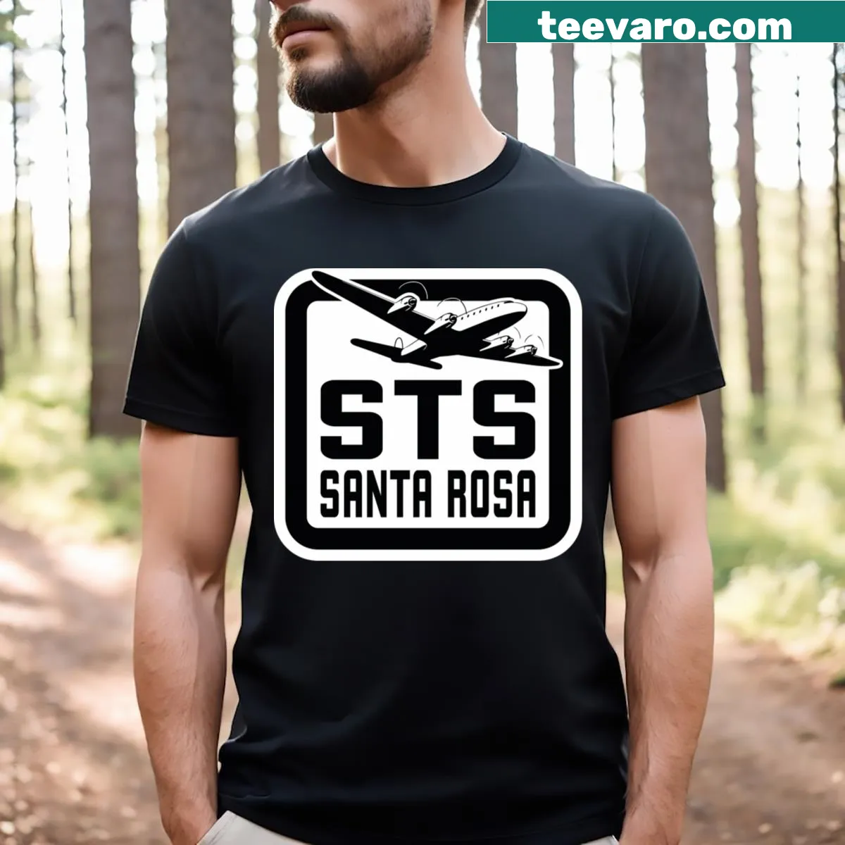 Black T-shirt with a Santa Rosa California airport tag design — on a men's t-shirt