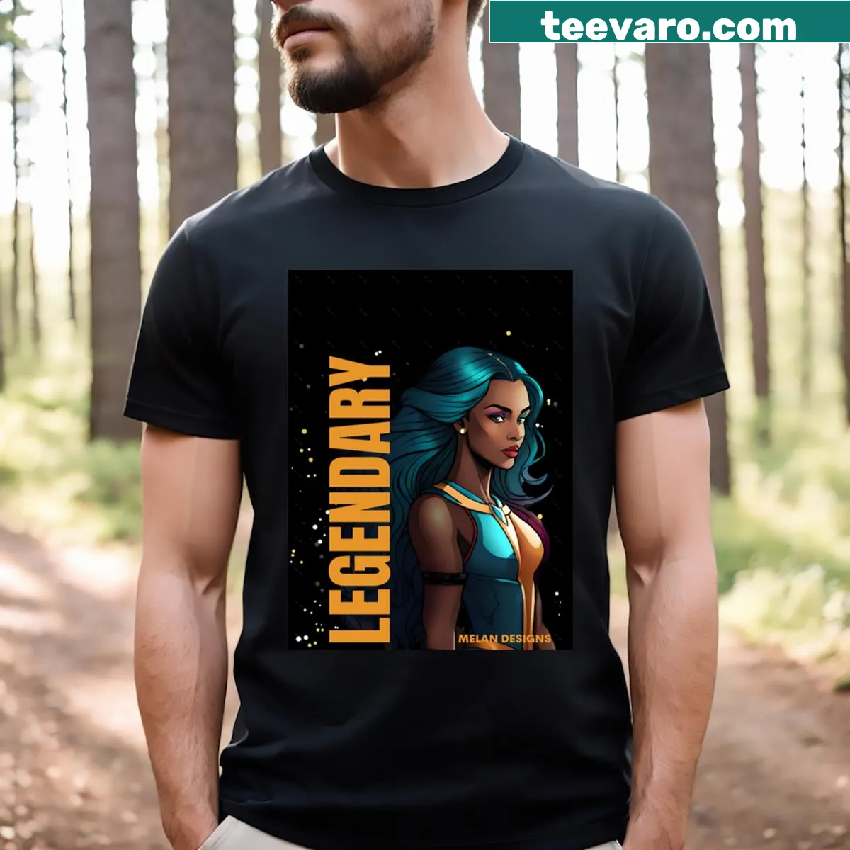 Comic graphic T-shirt featuring a superhero woman and golden emblem. — on a men's t-shirt
