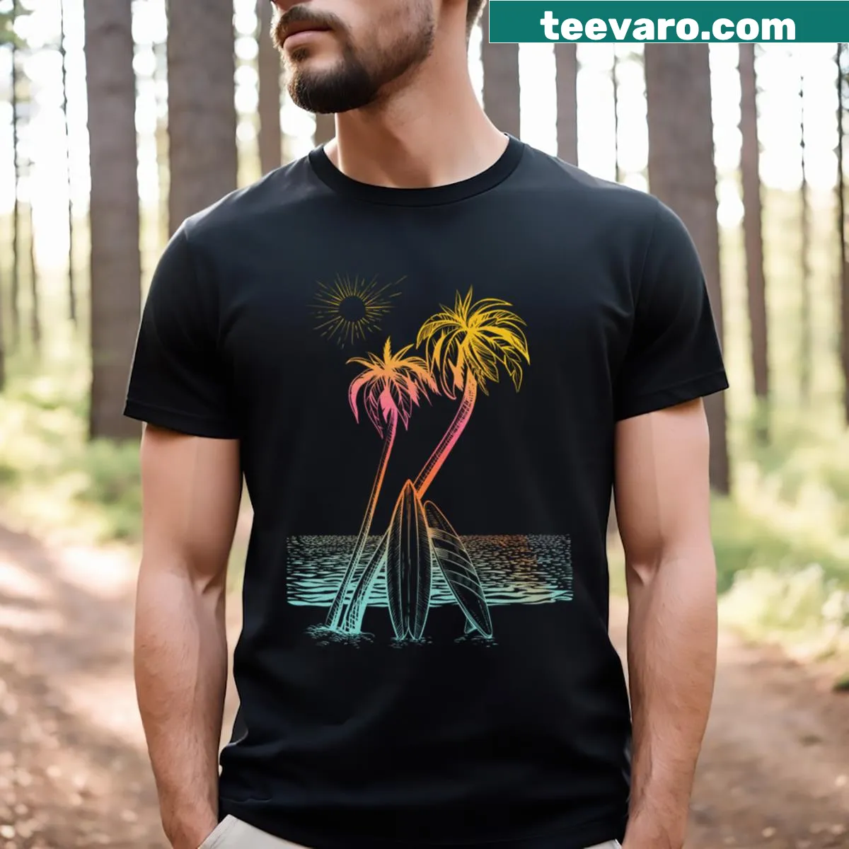 Elegant T-shirt featuring palm tree silhouettes for summer vibes — on a men's t-shirt