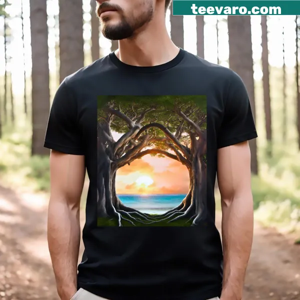 Artistic representation of a banyan tree sunset through a window