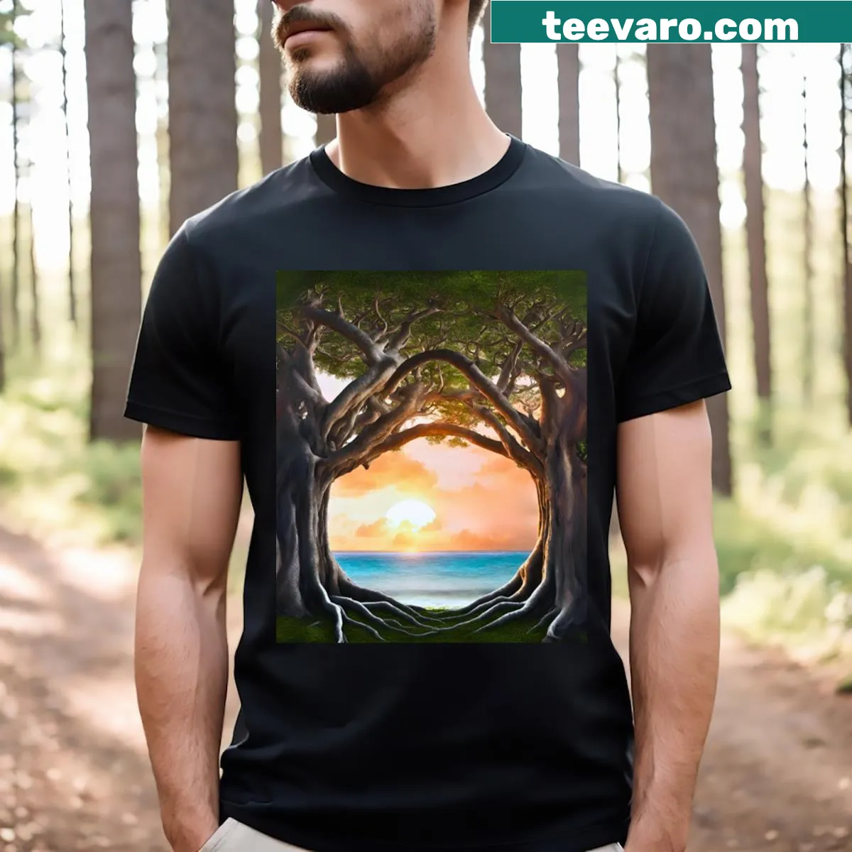 Artistic representation of a banyan tree sunset through a window — on a men's t-shirt