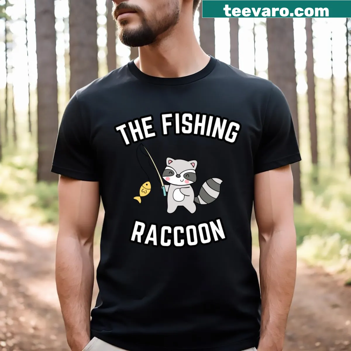 Whimsical raccoon fishing illustration on a T-shirt — on a men's t-shirt