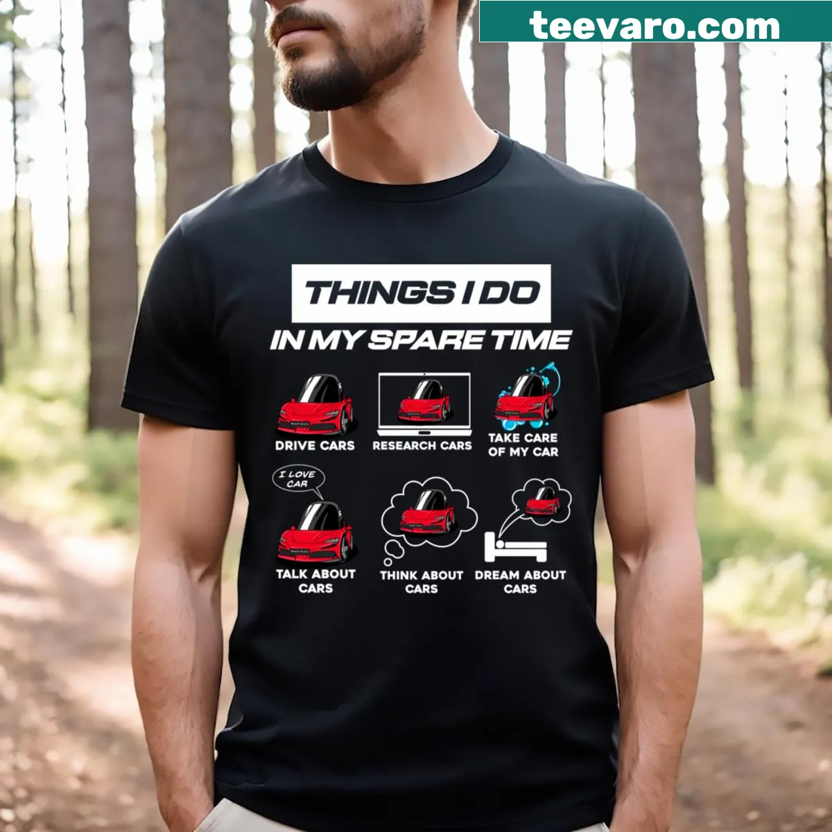 Funny car lover T-shirt with activities listed for enthusiasts — on a men's t-shirt