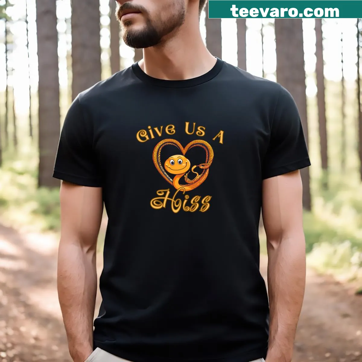 Funny Valentine's T-shirt featuring silly snake graphic and heart — on a men's t-shirt