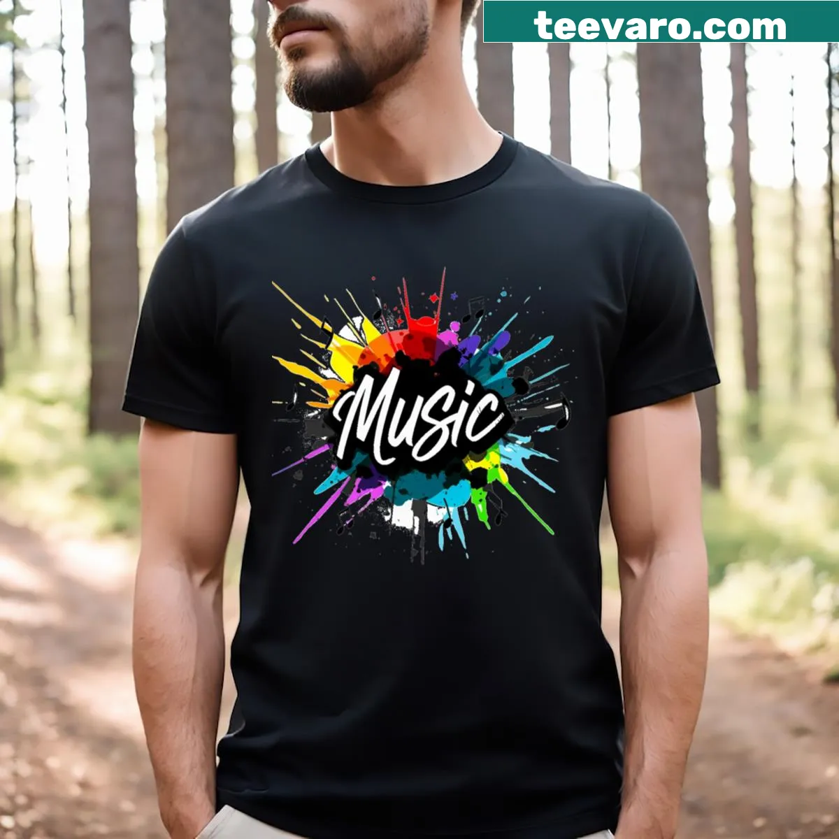 Artistic t-shirt celebrating music with illustrations of notes and instruments — on a men's t-shirt