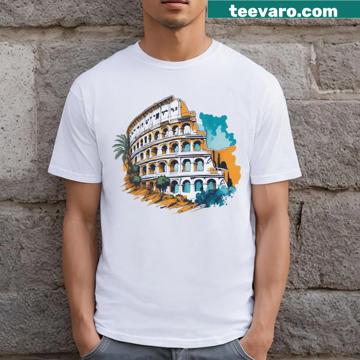 Watercolor travel-themed T-shirt design. — on a men's t-shirt
