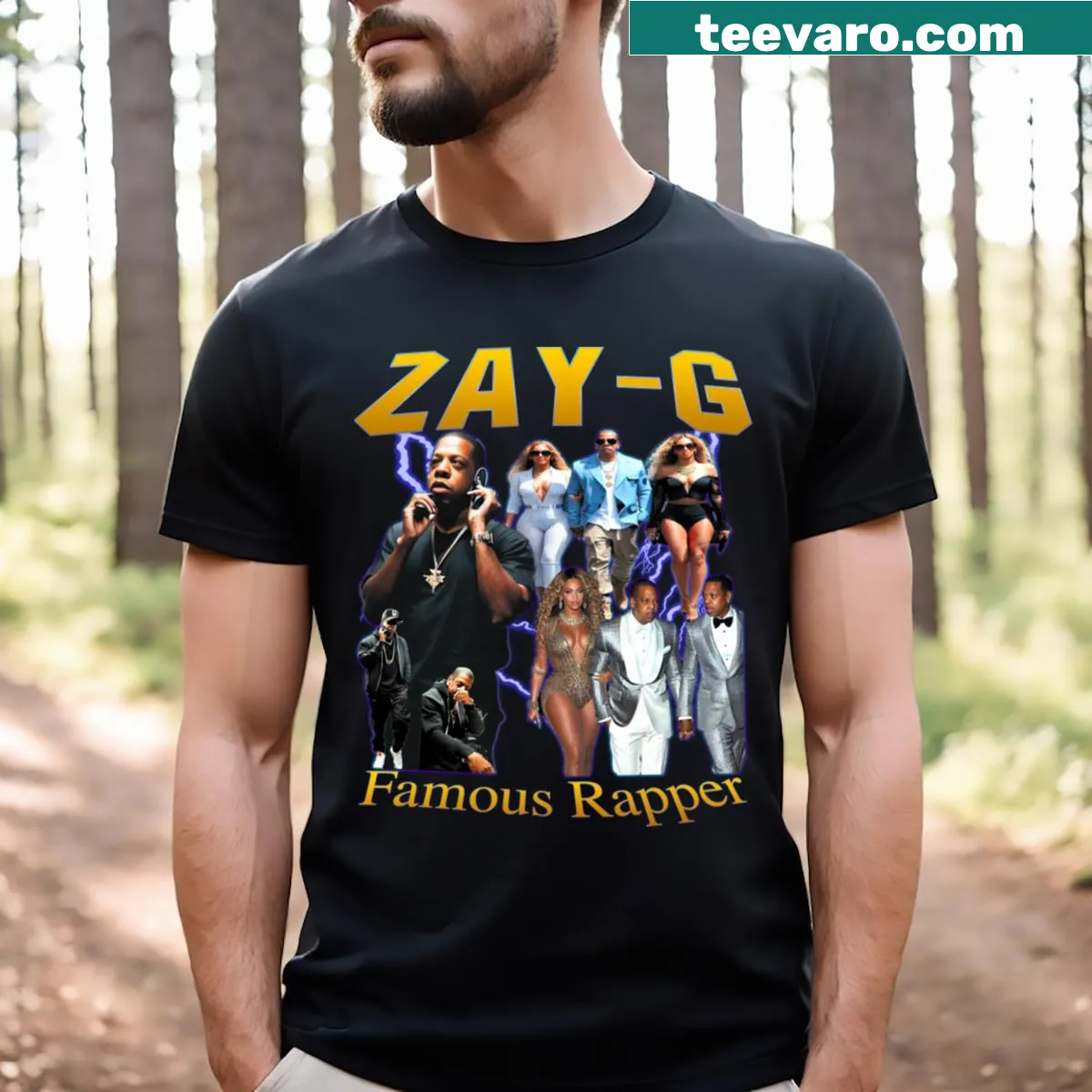 Rap T-shirt featuring design honoring famous rapper Zayg — on a men's t-shirt