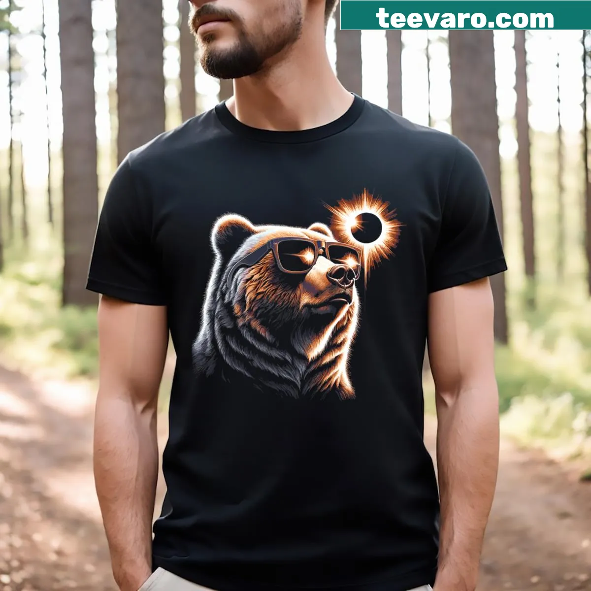 Grizzly bear wearing glasses graphic t-shirt for eclipse lovers — on a men's t-shirt