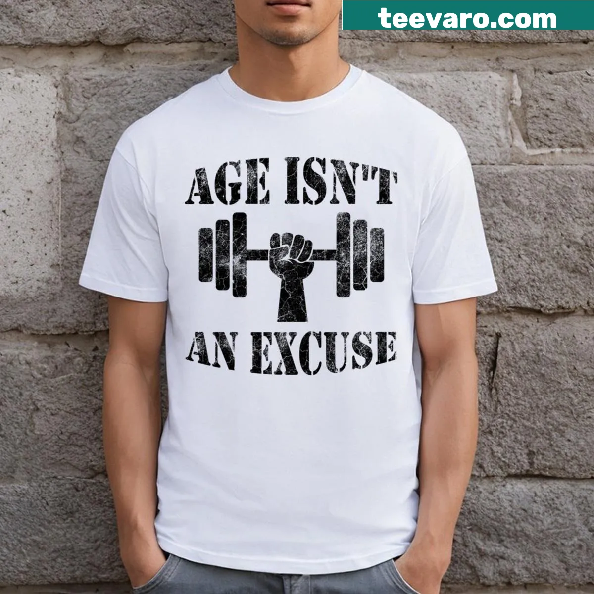 Motivational fitness T-shirt with the quote 'Age Isn't An Excuse'. — on a men's t-shirt