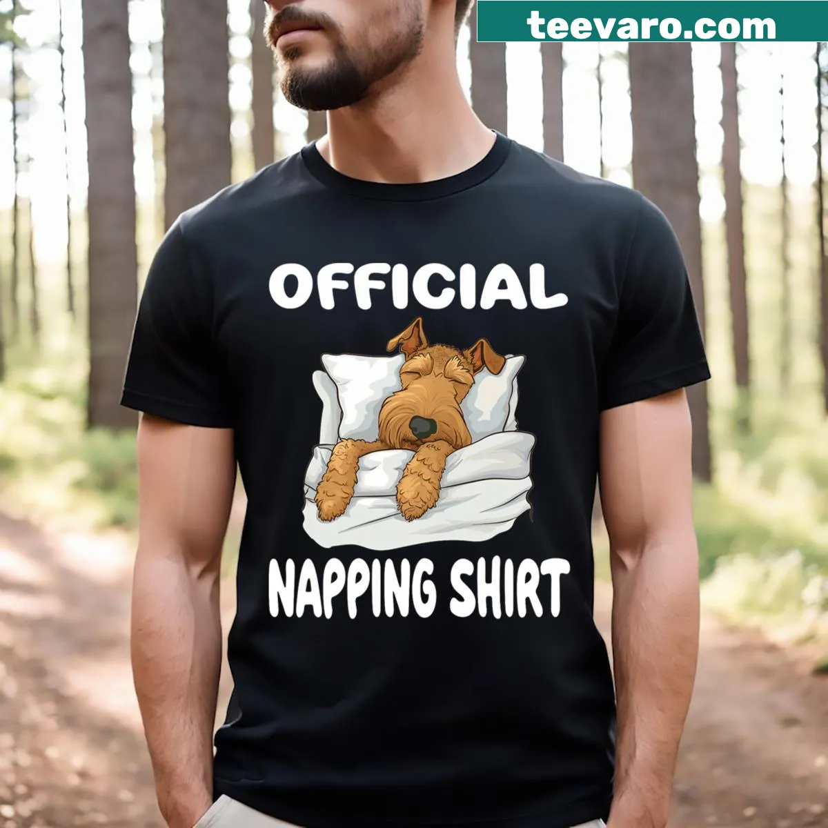 Cartoon Airedale Terrier in a napping pose with playful text — on a men's t-shirt