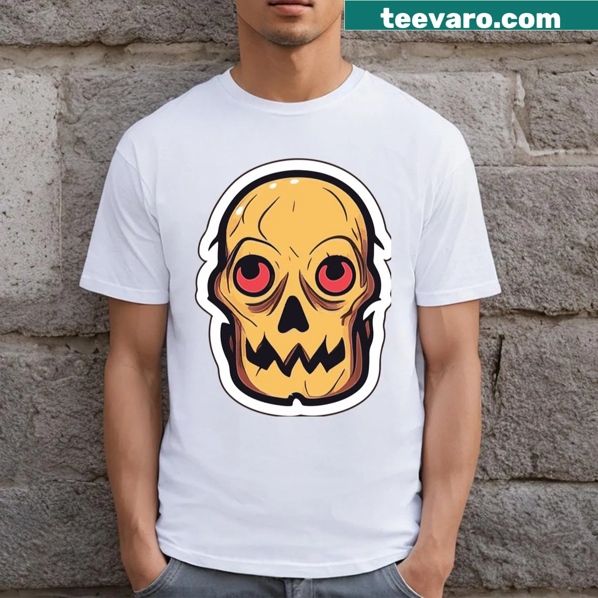 Skull T-shirt featuring a striking design with amber eyes. — on a men's t-shirt