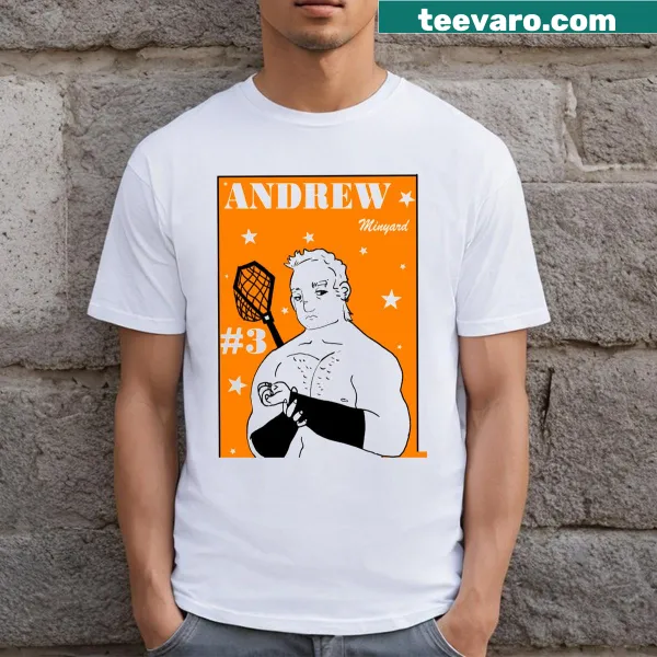 T-shirt featuring playful text design related to Andrew Minyard