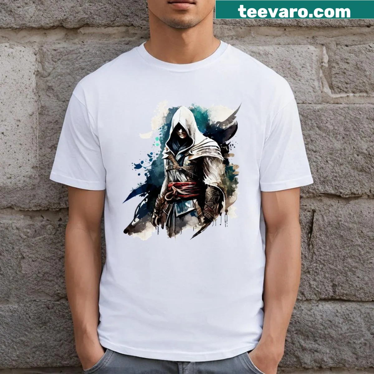 Illustrated T-shirt inspired by Assassin's Creed games — on a men's t-shirt