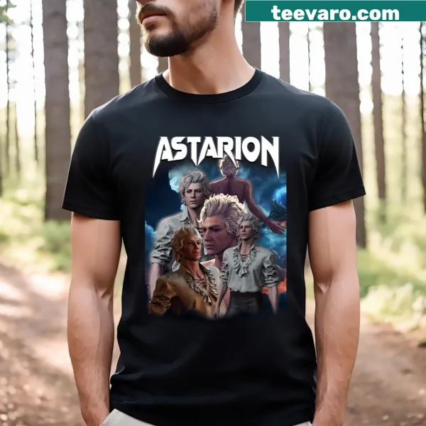 Illustration of Astarion from Baldur's Gate 3 on a T-shirt