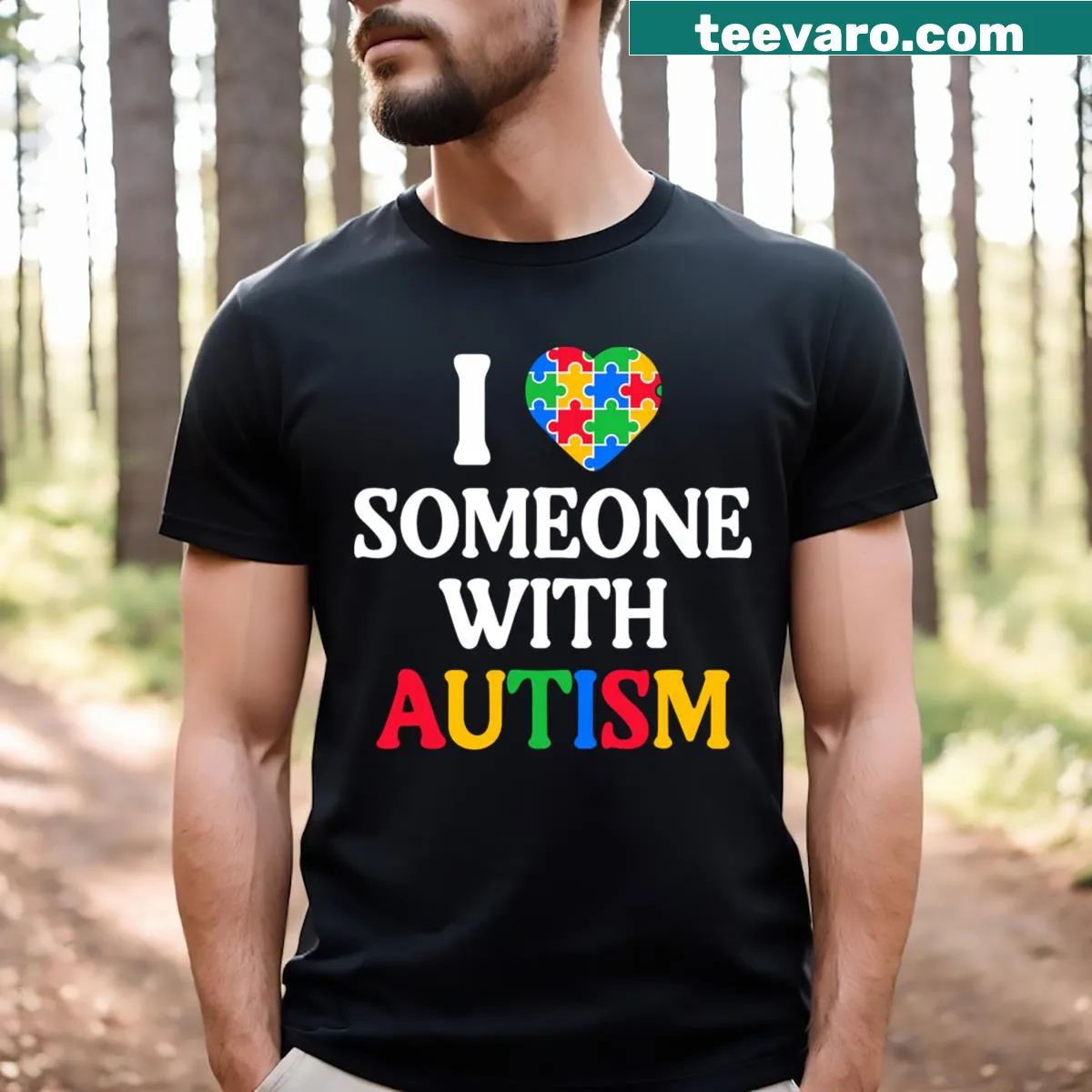 T-shirt with a heart design that says I Love Someone With Autism — on a men's t-shirt