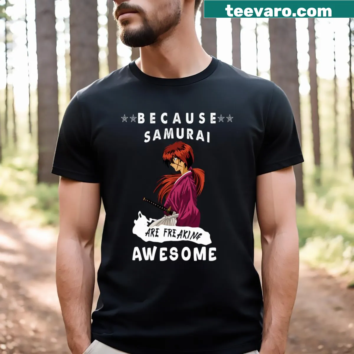 Playful Rurouni Kenshin samurai graphic t-shirt. — on a men's t-shirt