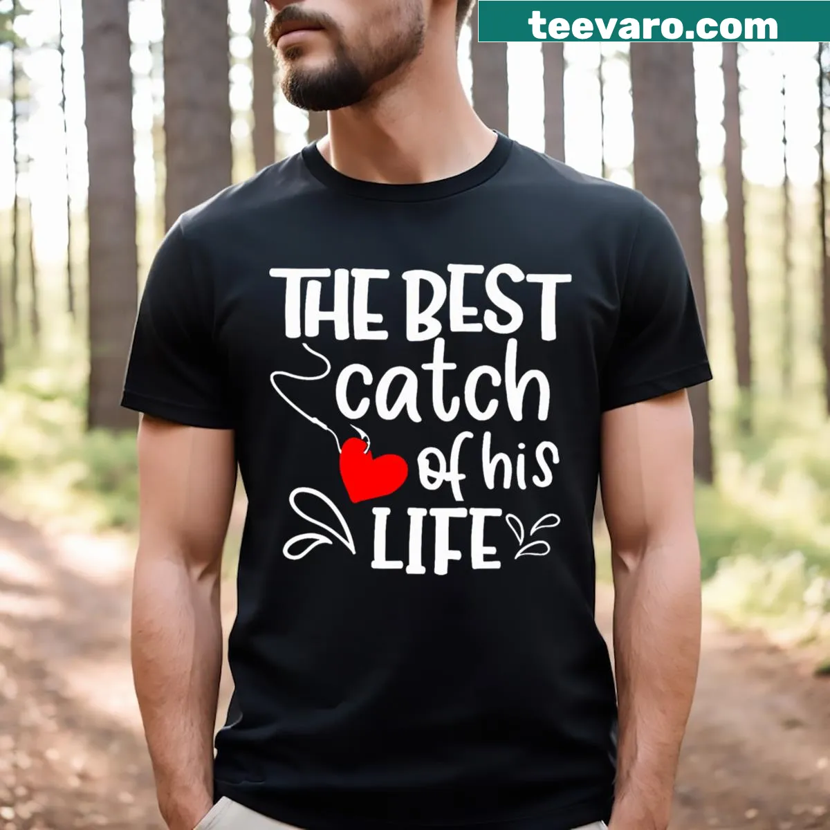 Matching couple t-shirts celebrating fishing with a playful catch phrase. — on a men's t-shirt