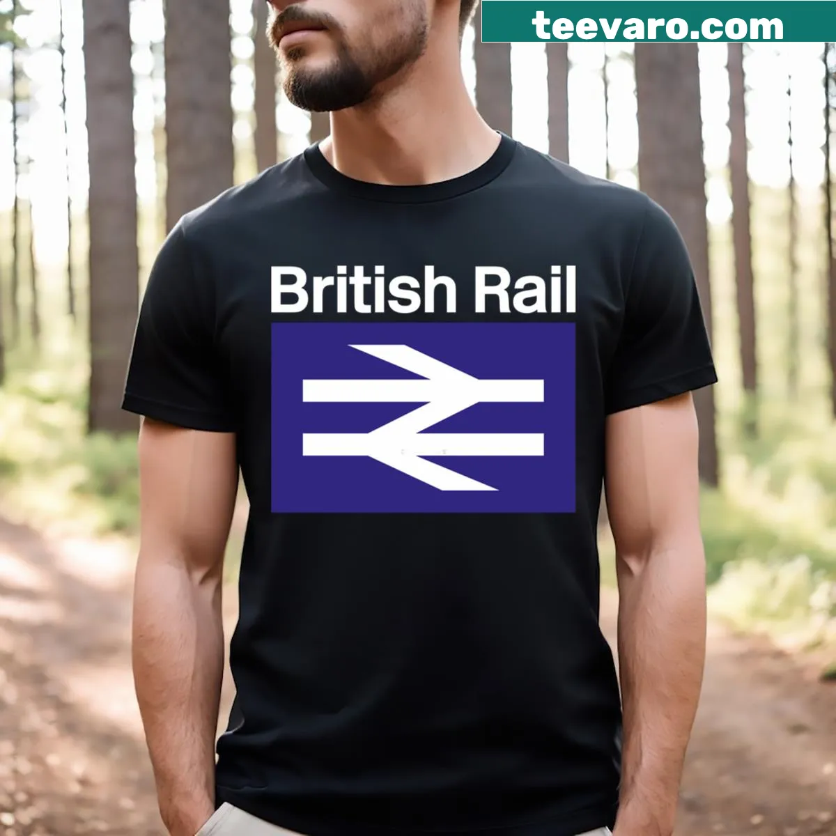 Navy blue vintage-style tee featuring British Rail Box graphic — on a men's t-shirt
