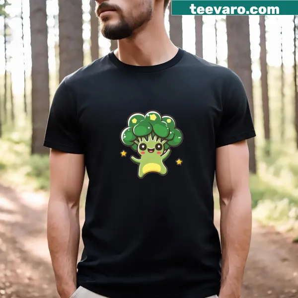 Fun shirt with an illustration of dancing broccoli among stars