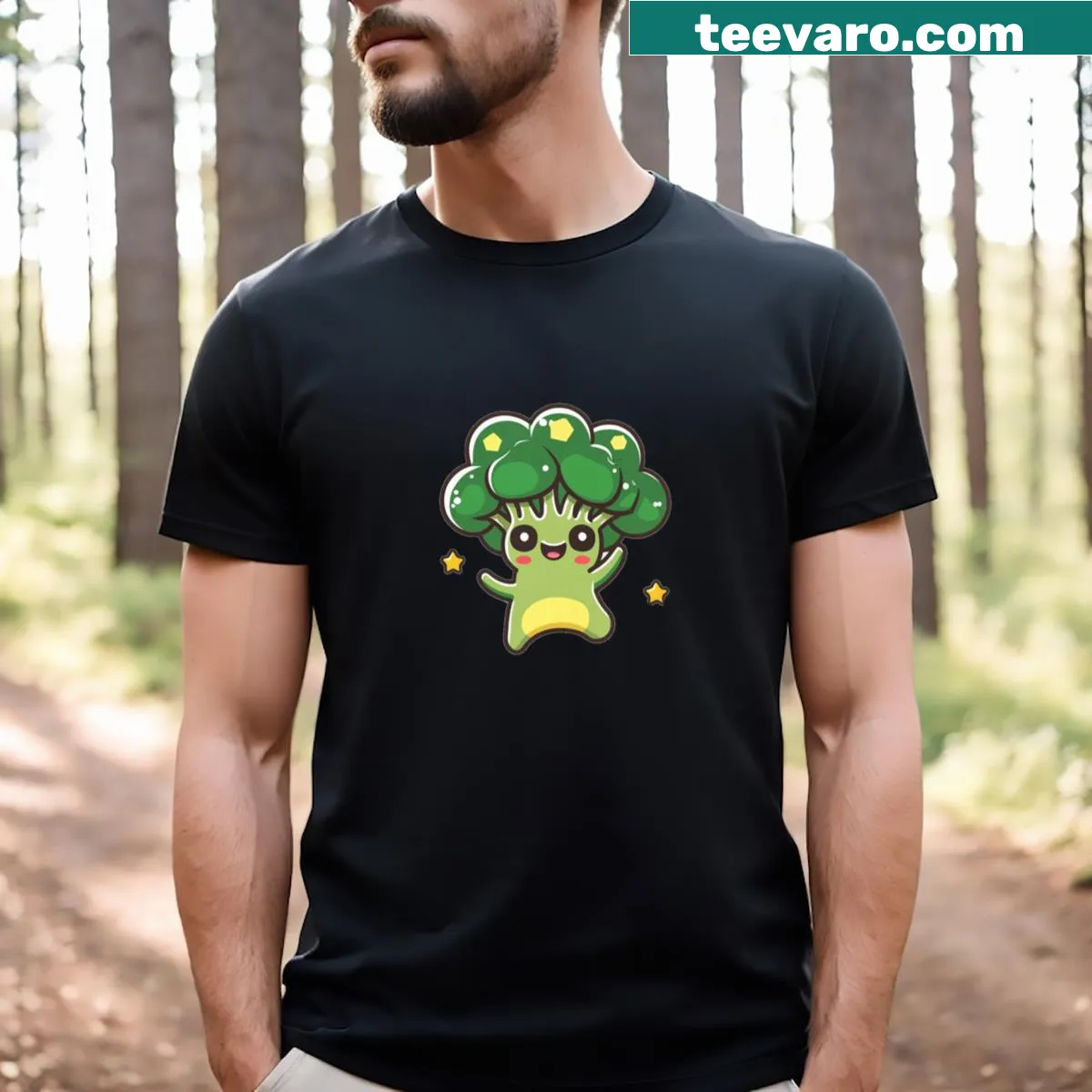 Fun shirt with an illustration of dancing broccoli among stars — on a men's t-shirt
