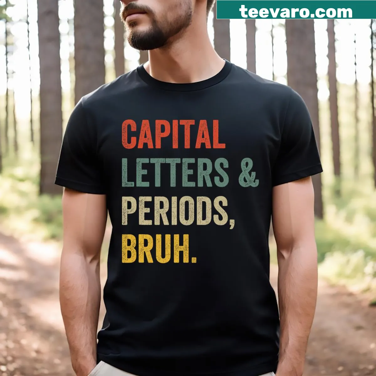 Funny teacher tee with grammar phrase and playful design — on a men's t-shirt