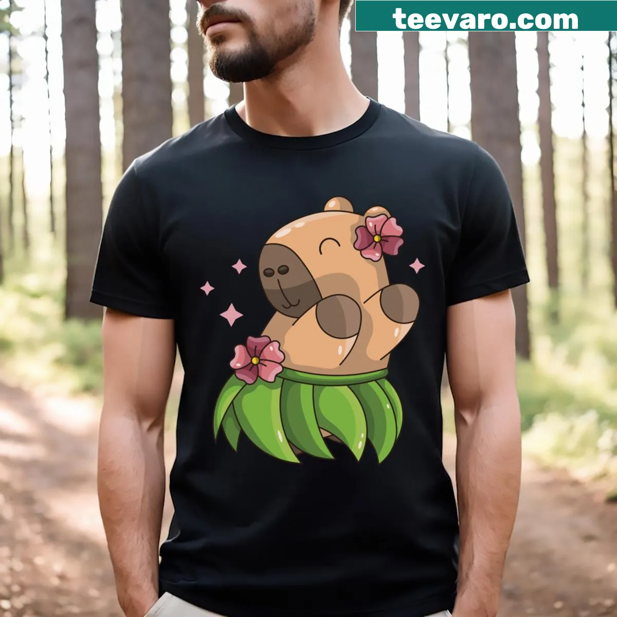 Cute T-shirt with capybaras dancing at a Hawaiian luau — on a men's t-shirt