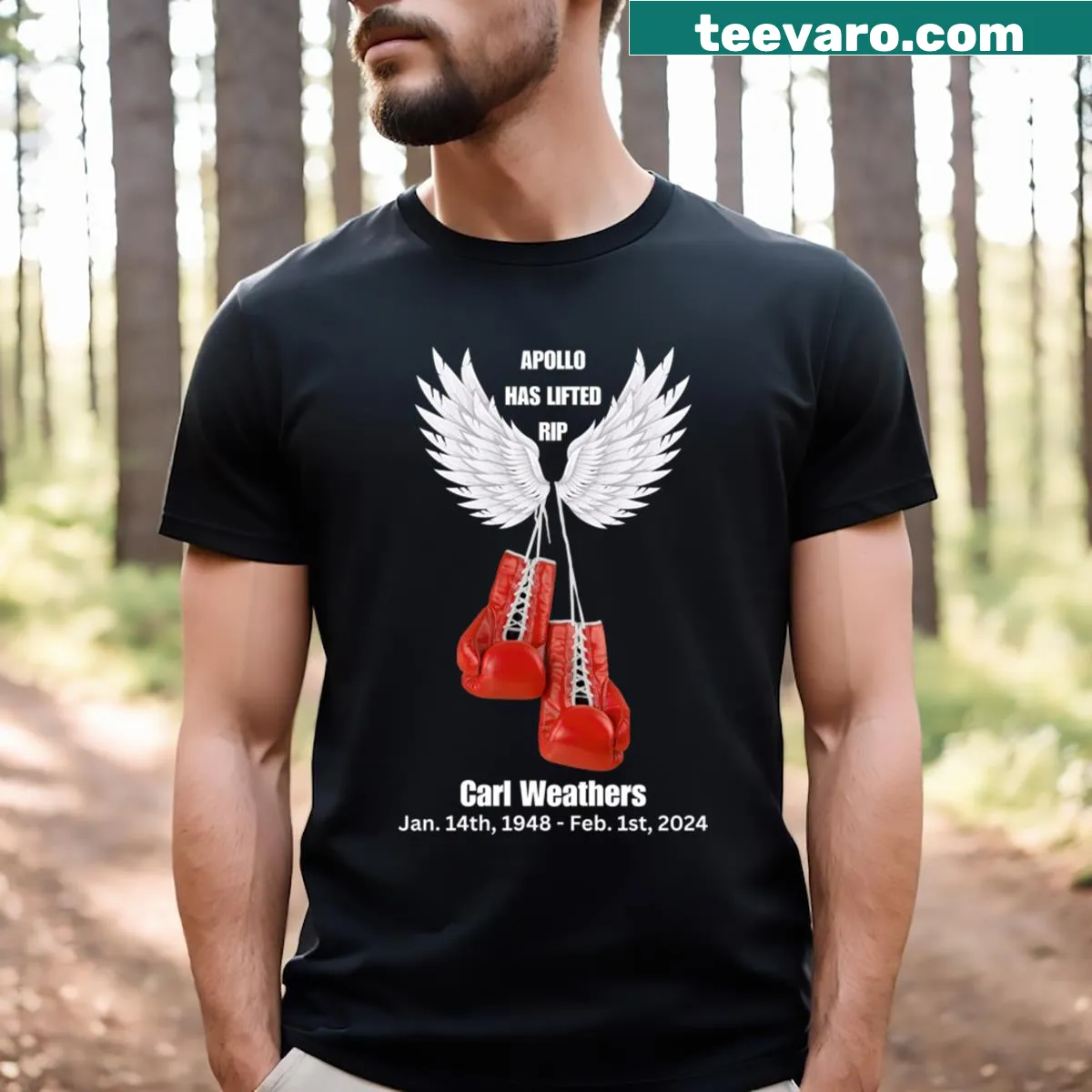 Tribute T-shirt honoring Carl Weathers and Apollo Creed — on a men's t-shirt