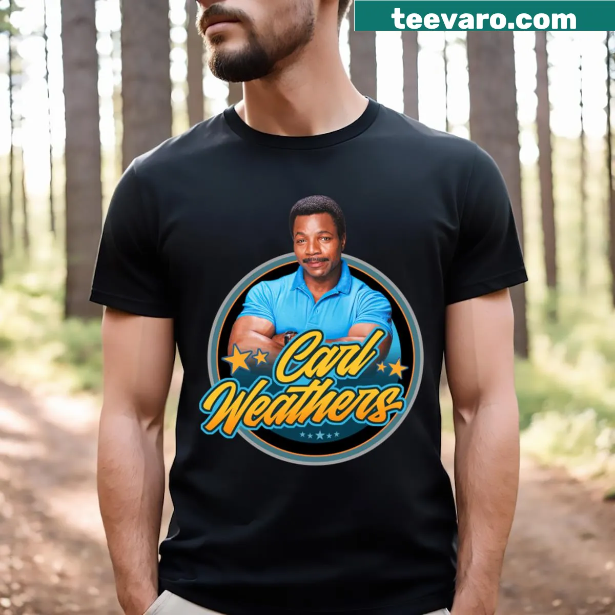 T-shirt featuring the name 'Carl Weathers' in a bold font — on a men's t-shirt