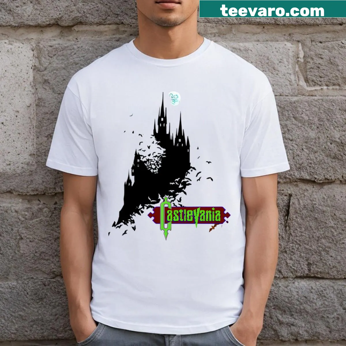 Retro graphic T-shirt inspired by Castlevania 1 game design — on a men's t-shirt