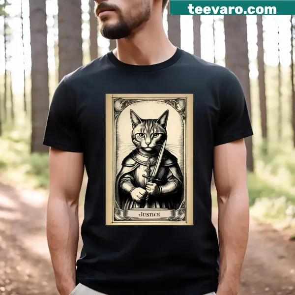 Illustrated T-shirt featuring cat-themed tarot cards with a justice theme