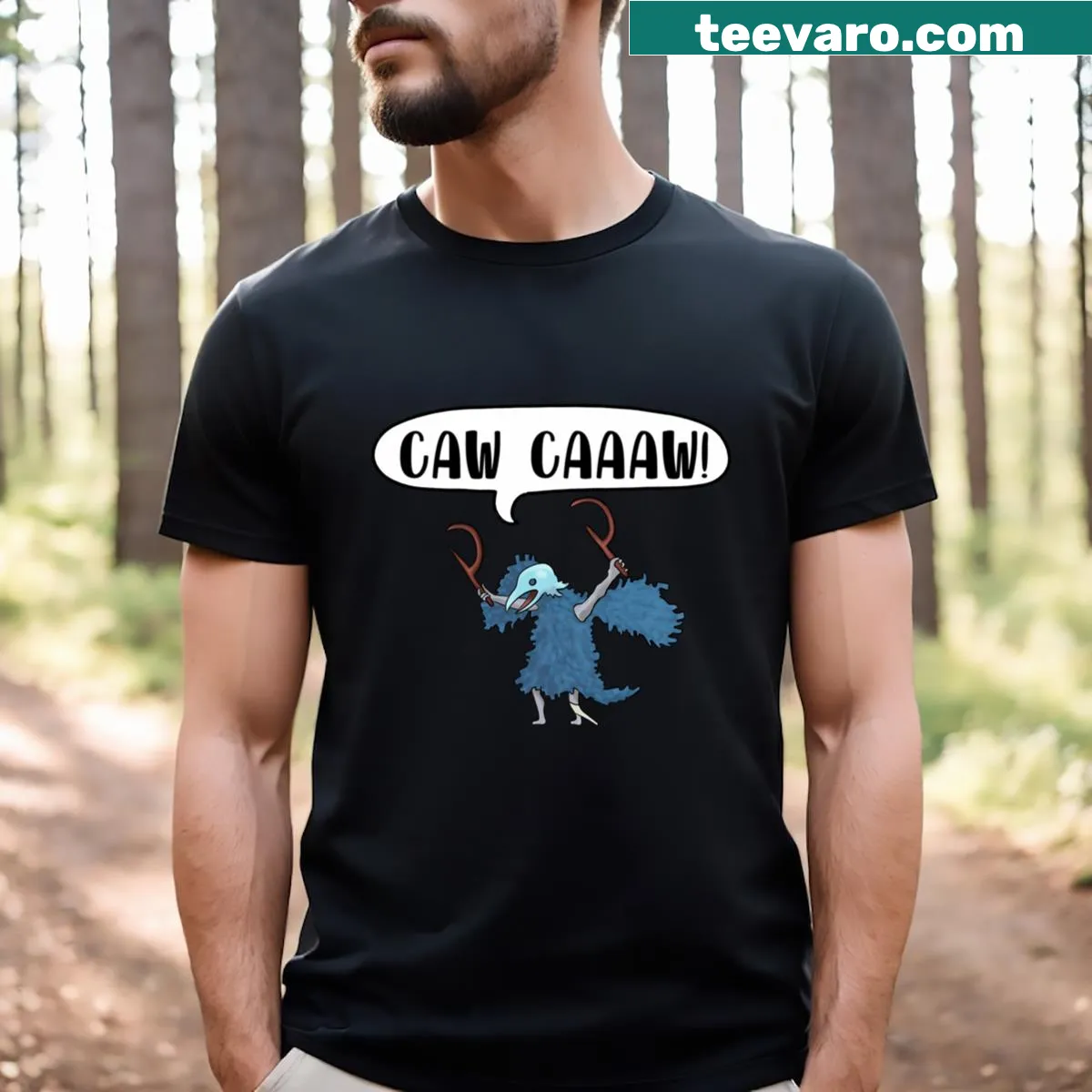 Playful 'Caw Caaaw!' humorous t-shirt — on a men's t-shirt