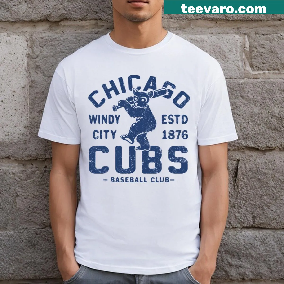Distressed vintage-style T-shirt featuring Chicago Cubs original graphics — on a men's t-shirt