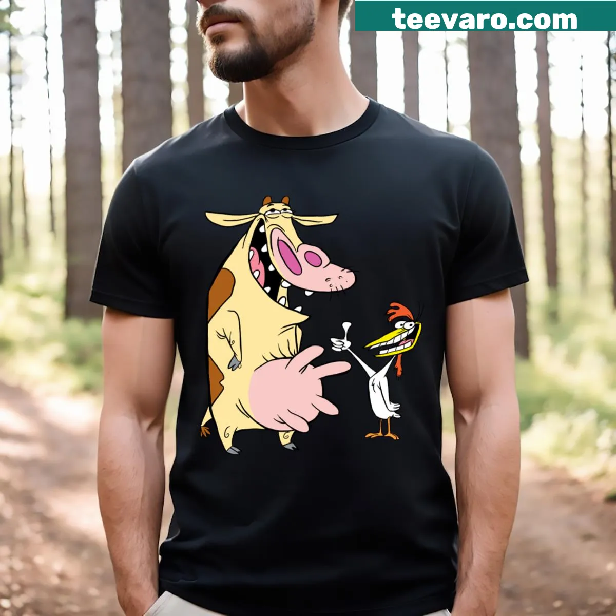 Cartoon t-shirt featuring a chicken and cow in a playful design — on a men's t-shirt