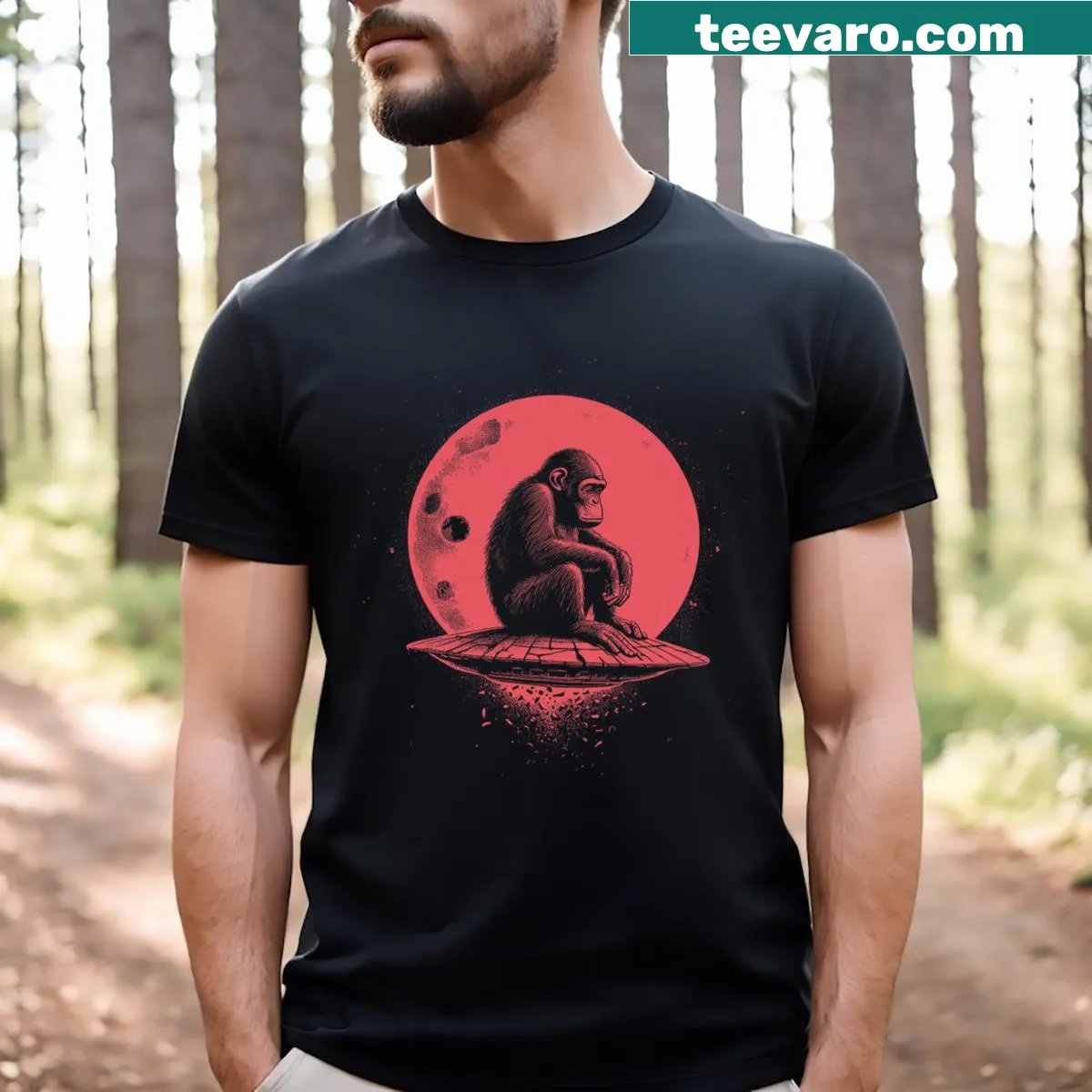T-shirt featuring a chimpanzee on a spaceship design with humor — on a men's t-shirt
