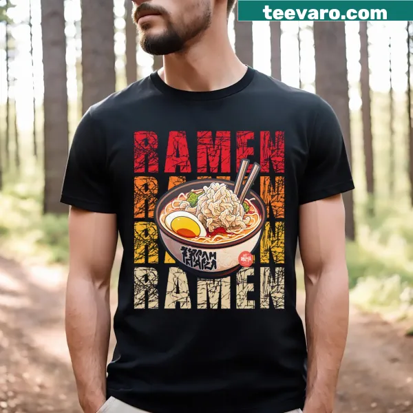 Cute kawaii ramen graphic T-shirt for kids who love soup noodles