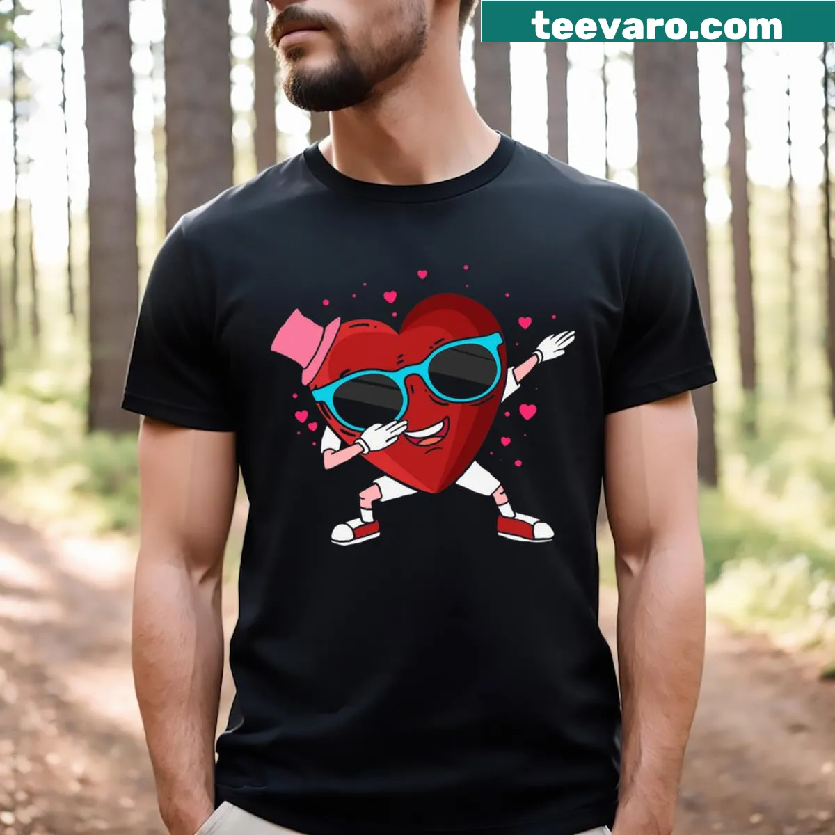 Cartoon heart character dabbing illustration — on a men's t-shirt
