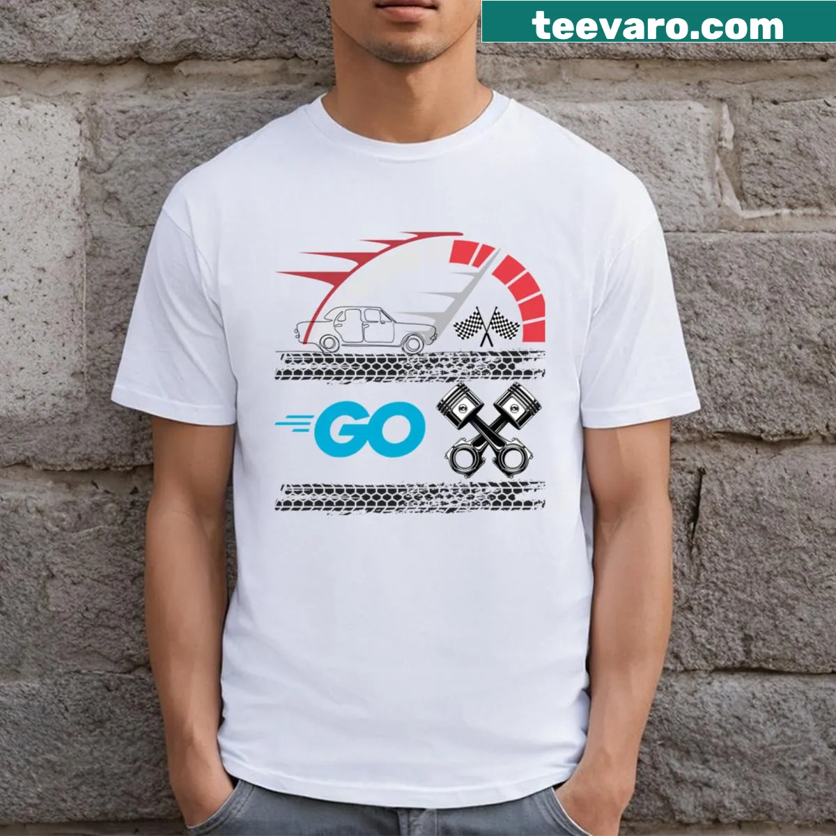 Automotive themed graphic on a t-shirt — on a men's t-shirt