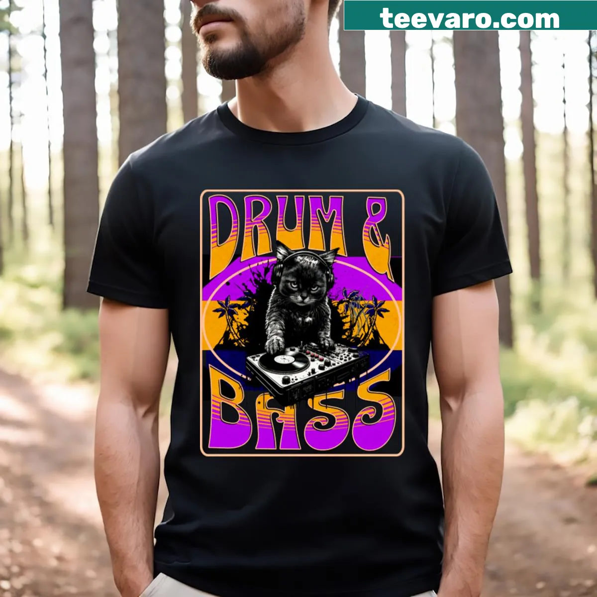 Whimsical DJ cat illustration with psychedelic patterns on T-shirt — on a men's t-shirt