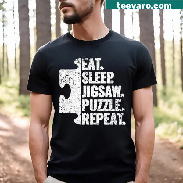 Text T-shirt featuring 'Eat Sleep Jigsaw Puzzle Repeat'