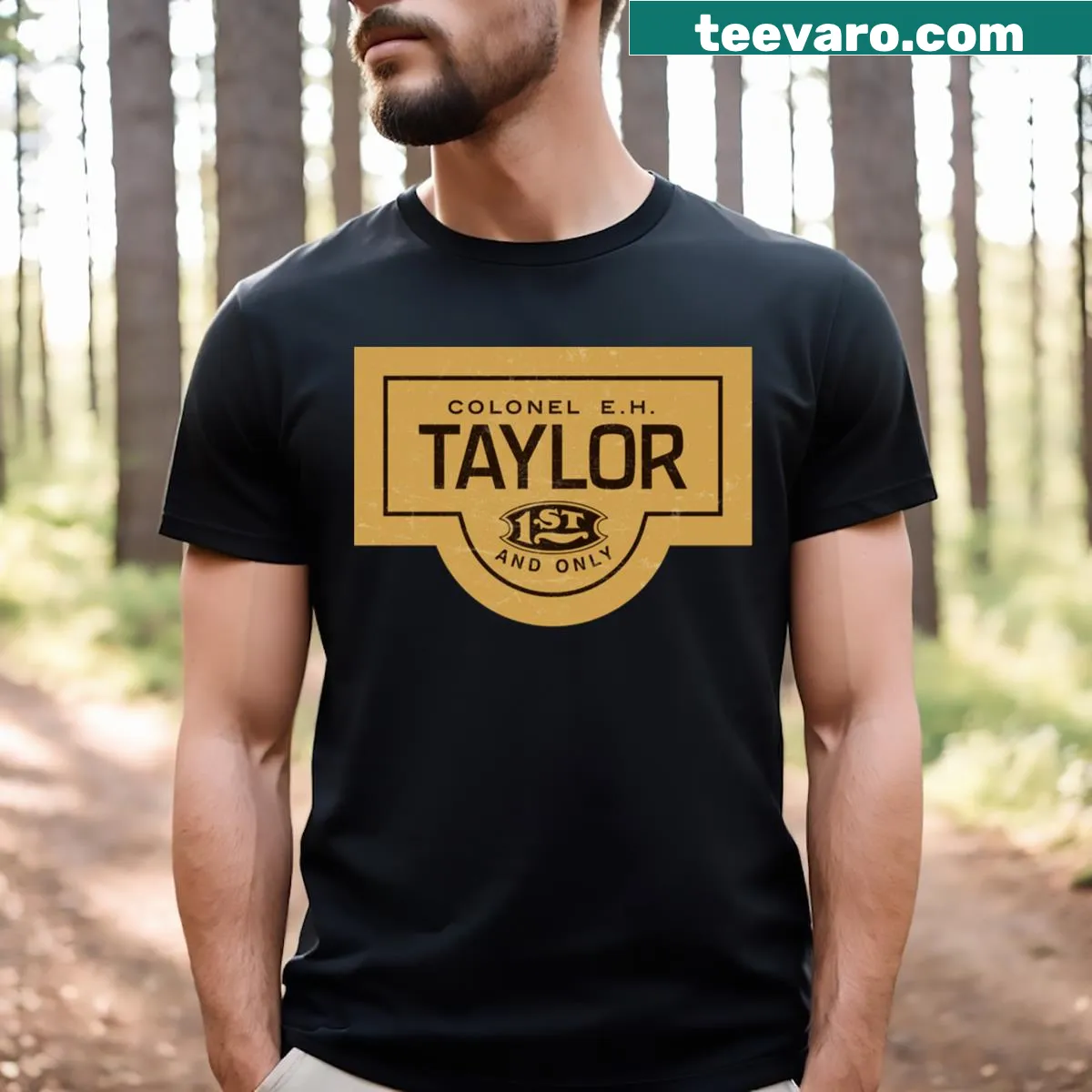 Vintage EH Taylor bourbon whiskey label graphic on t-shirt — on a men's t-shirt