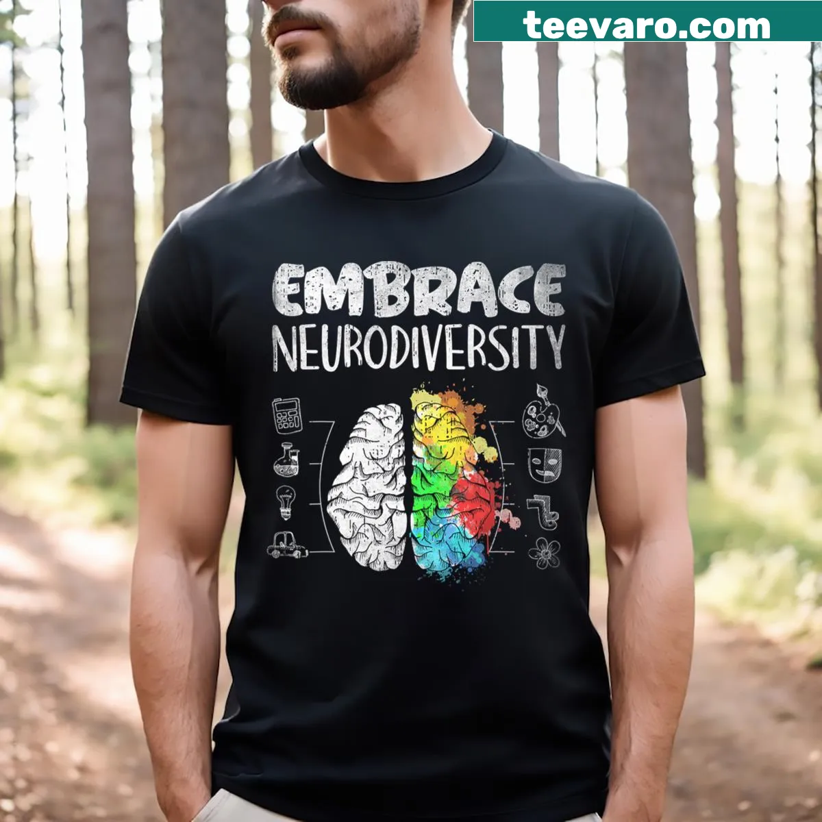 T-shirt promoting neurodiversity awareness with bold text — on a men's t-shirt