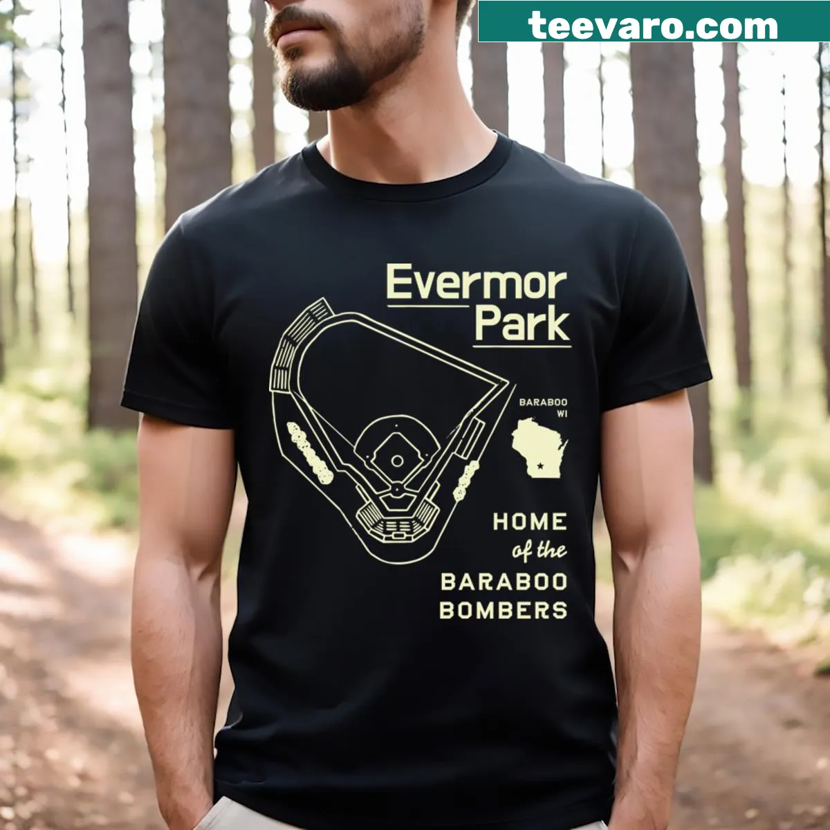 T-shirt celebrating Evermor Park and the Baraboo Bombers — on a men's t-shirt