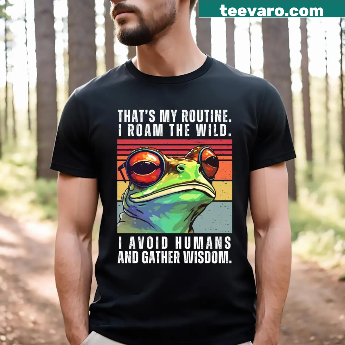 Retro sunset design featuring a frog silhouette on a t-shirt — on a men's t-shirt