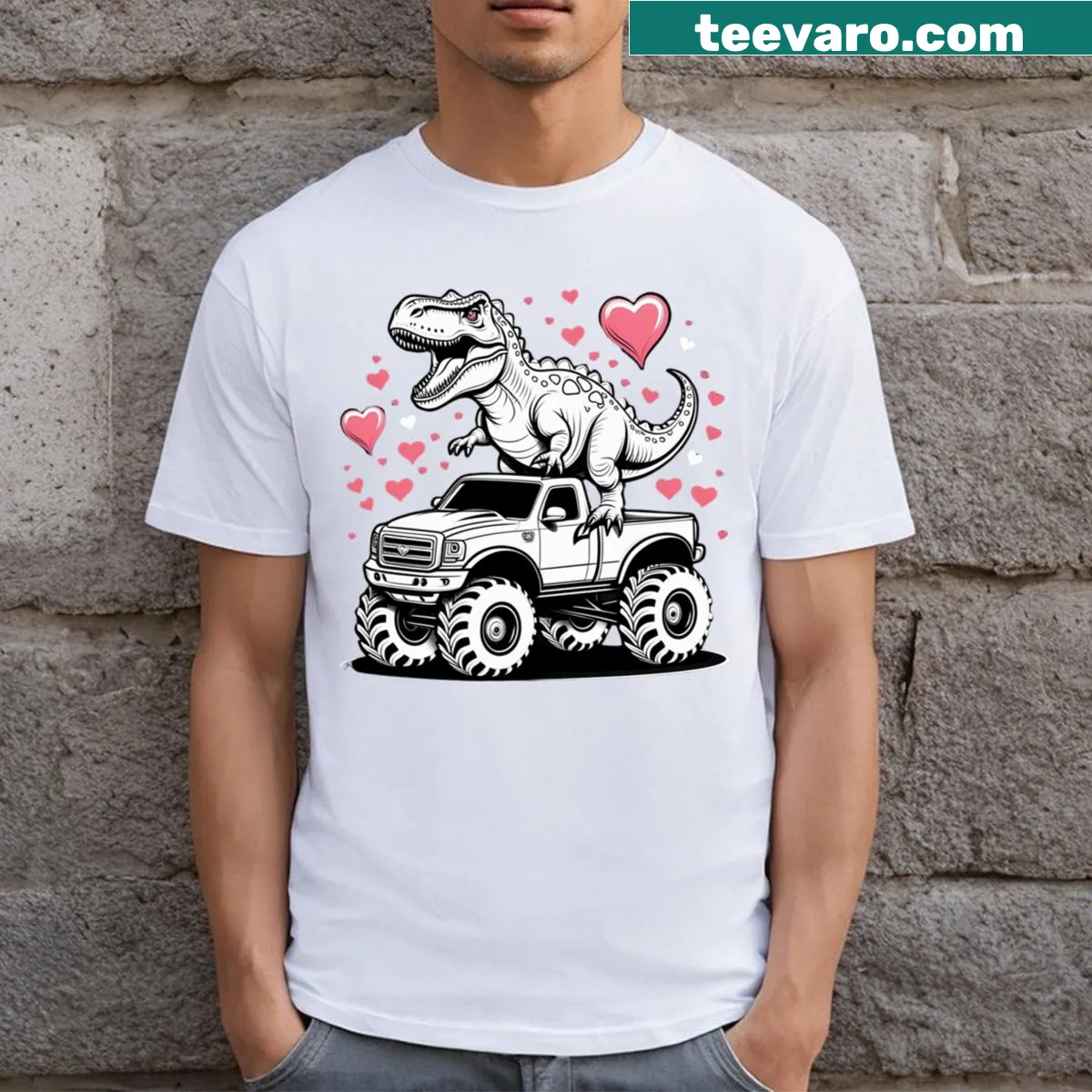 Humorous T-Rex dinosaur driving a monster truck design on a t-shirt — on a men's t-shirt