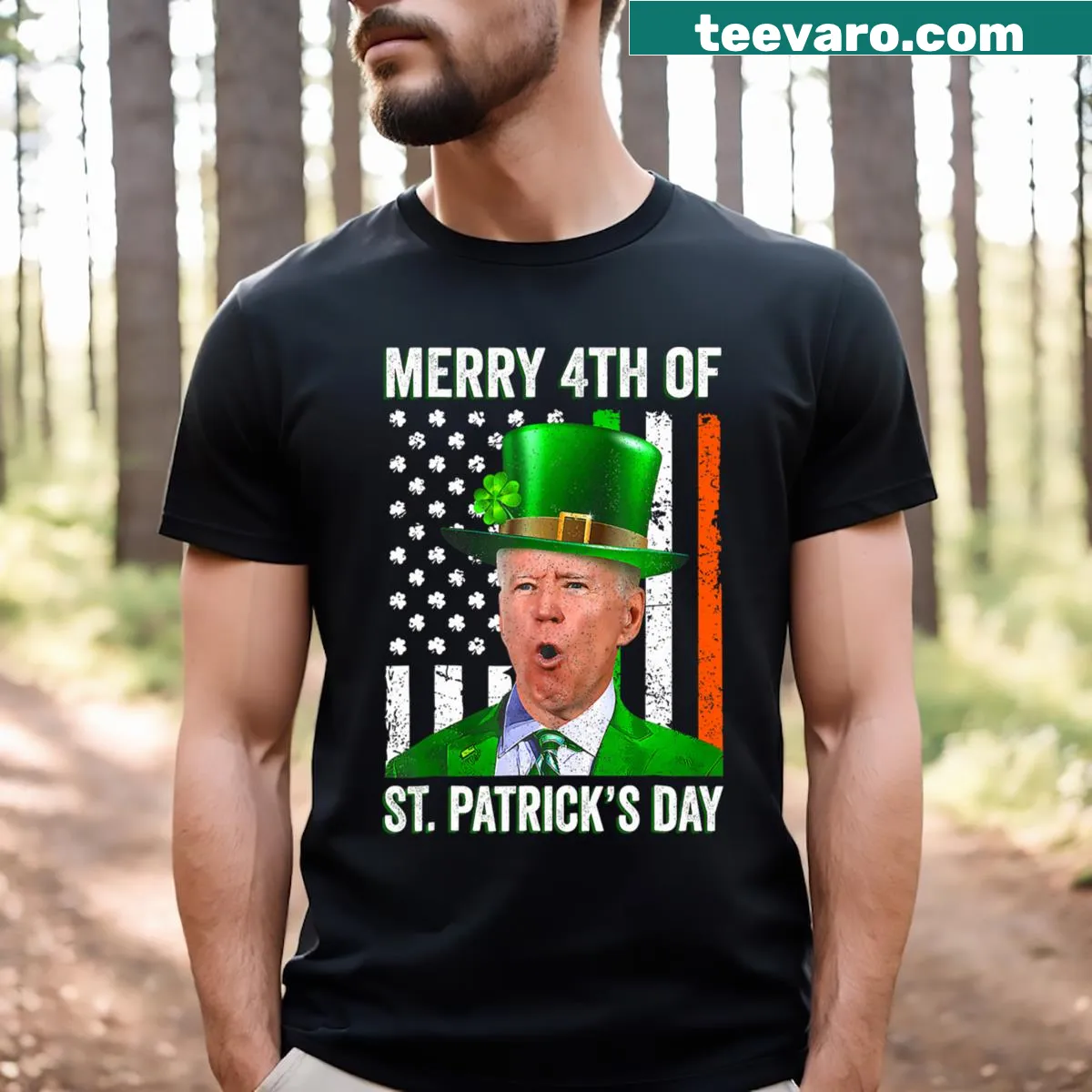 Humorous t-shirt with leprechaun hat design and political twist — on a men's t-shirt